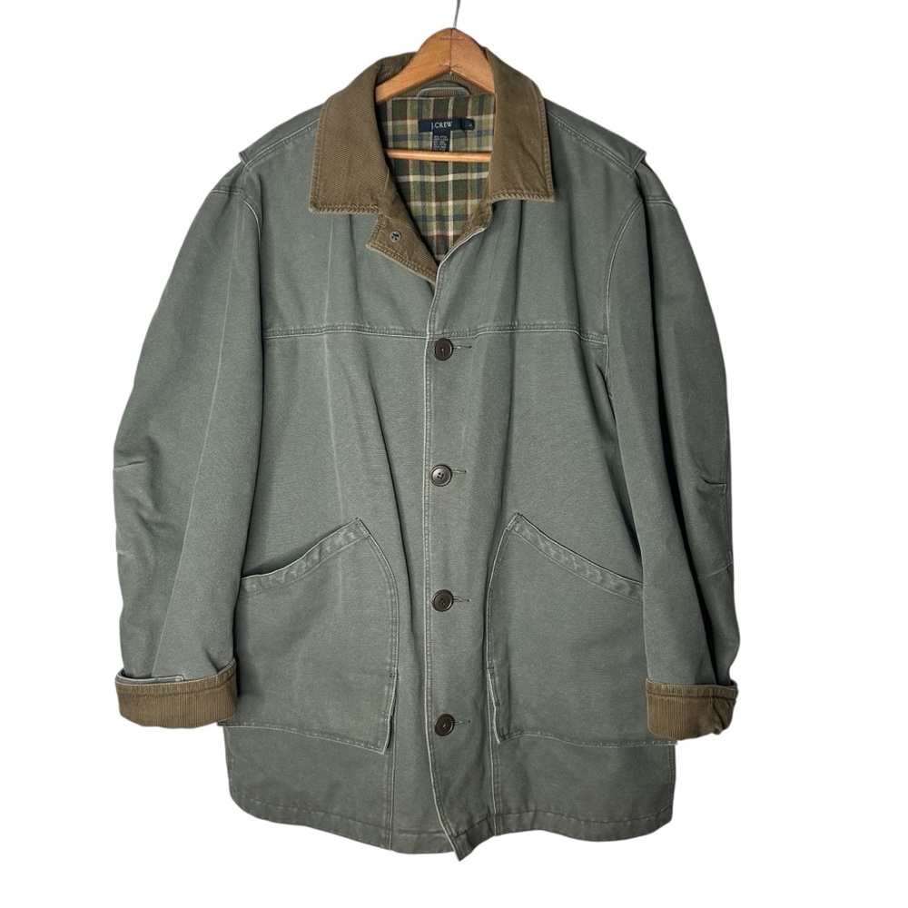 J. Crew Olive Green / Grey Barn Jacket Chore Field Coat Mens Large Corduroy Trim